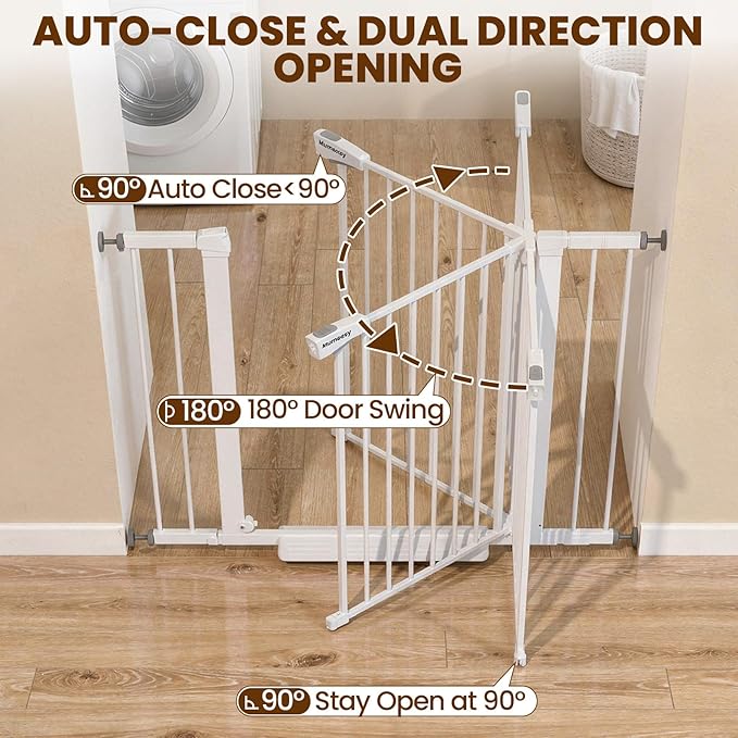 Baby Gate with Door, 26-40" Auto Close Dog Gate Indoor for Stairs Doorways, Easy Install Pressure Mounted Pet Gate, Easy Walk Through Child Safety Gate for the House, White