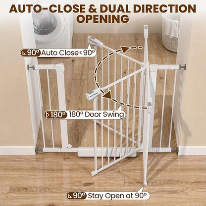 Baby Gate with Door, 26-40" Auto Close Dog Gate Indoor for Stairs Doorways, Easy Install Pressure Mounted Pet Gate, Easy Walk Through Child Safety Gate for the House, White