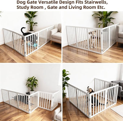 ZJSF Freestanding Indoor Dog Gate for House Foldable Wood White Puppy Gate for Doorways Pet Gate for Stairs Extra Wide Pet Fence 24" Height 6 Panels