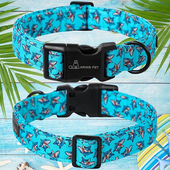 ARING PET Summer Dog Collar, Cute Blue Shark Pet Collars with Quick Release Buckle for Puppy Small Medium Large Boy Girl Dogs-M