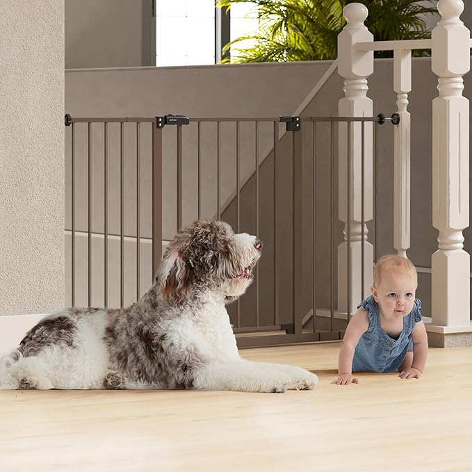 InnoTruth 28.9-49" Baby Gate for Doorways, 28" Tall Extra Wide Doggy Gates for Stairs One-Hand Opening, Easy Walk Thru Dual Lock Dog Gates for The House, Kitchen, Balcony, Easy Install Kid Gate,Brown