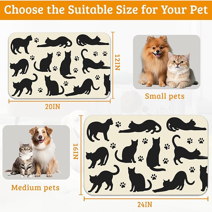 Pet Feeding Mat,Cat Silhouette Absorbent Dog Cat Food Mat Dog Mat with Rubber Backing,Non-Slip Water Bowl Placemat,Pet Supplies 12" x 20"