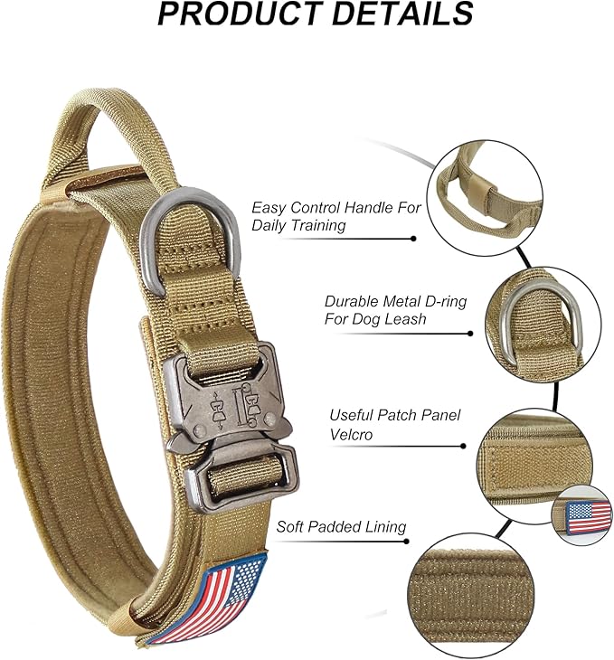 Hotsky Tactical Dog Collar, Adjustable Military Training Nylon Airtag Collar with Handle and Heavy Duty Metal Buckle for Medium Large Dogs, with Airtag Holder and Two Patches（Brown,L）