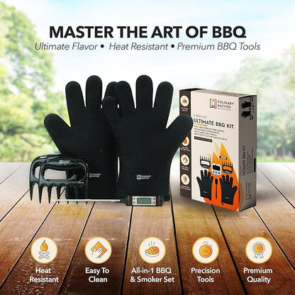 Smoker Gloves and Meat Claws | No.1 Heat Resistant BBQ Grill Gloves | Meat Shredder Claws | Thermometer | Silicone Smoker Oven Mitts & Pulled Pork Shredders | Barbecue, Grilling, Smoking, Shredding