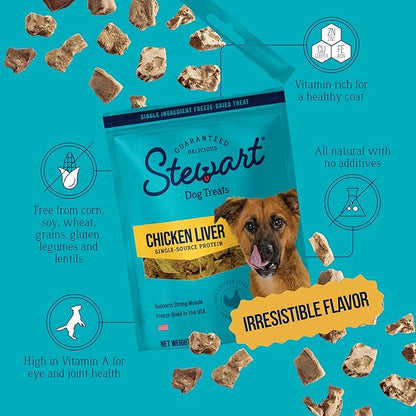 Stewart 100% Chicken Liver Dog Treats, 16 oz Pouch, ~300 Pieces, Freeze Dried Raw, Single Ingredient, 60% Protein Training Treats or Meal Topper, Grain Free, Gluten Free