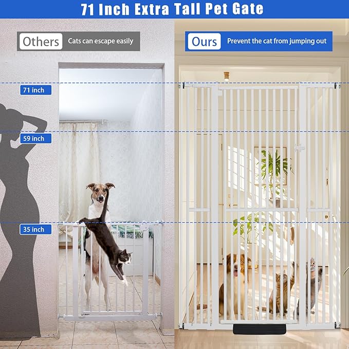 SHYUJAJIE 71 Inch Extra Tall Pet Gate for Cats, 29.5-48" Adjustable Wide Dog Gates, Pressure Mounted Walk Through Tall Cat Gate for Doorways,Hallway,Stairs,House（White）
