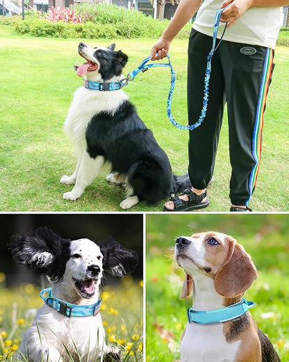 Hotsky Tactical Dog Collar and Leash Set, Heavy Duty Military Airtag Dog Collar with Handle and Metal Buckle for Training and Walking, with Airtag Holder and Two Patches (Blue Camo, L)
