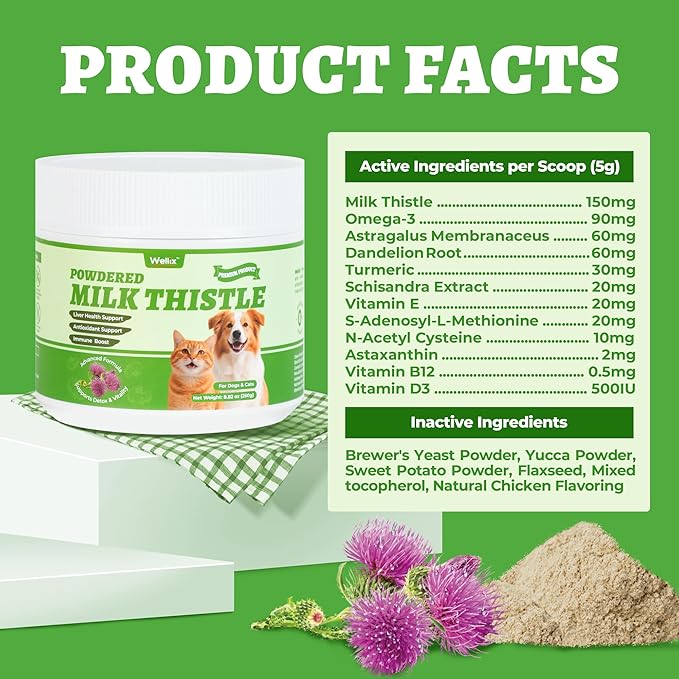 Wellix 8.8oz Milk Thistle for Dogs&Cats - Organic Milk Thistle Powder for Liver and Antioxidants Supplements - Rich in Omega-3 & Astragalus - Chicken Flavor