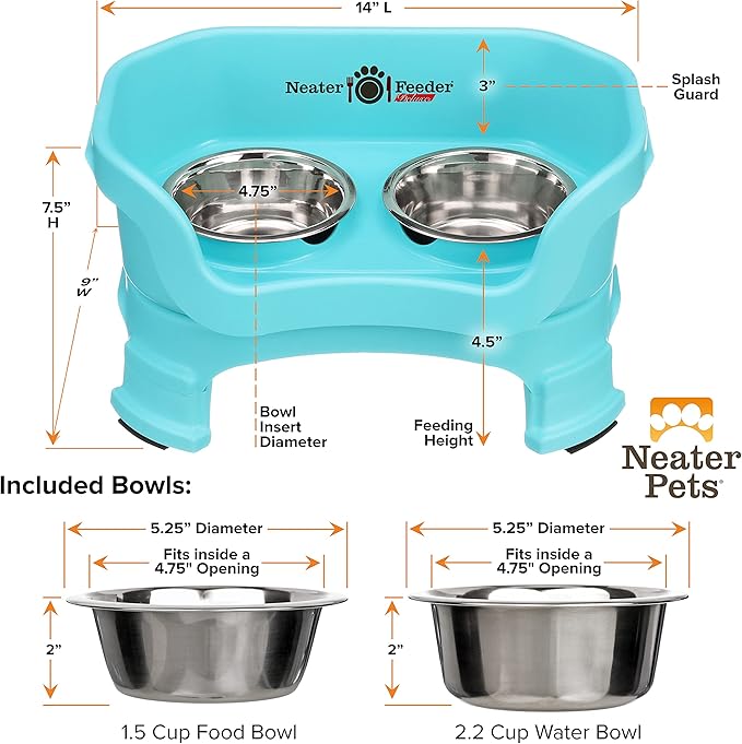 Neater Feeder Deluxe Mess-Proof Elevated Dog Bowls for Small Dogs (Up to 19 lbs), 2 Height Adjustable (6” & 7.5”) No-Spill Raised Dog Bowl Stand, Stainless Steel Food Bowl Set, Made in USA, Aquamarine