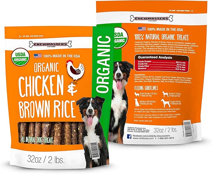 Chewmasters Organic Chicken & Brown Rice Dog Treats, 2 Pound Bag, 100% Organic, Made in The USA, Corn, Soy & Wheat Free, No by-Products, Real Meat Dog Treat