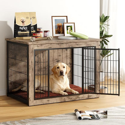 Greesum Modern Dog Crate Furniture That Doubles as a Side Table - Sturdy Wooden Kennel with Double Door Design, Equipped with Soft Cushion & Chew-Resistant Resign, Suitable for Dogs