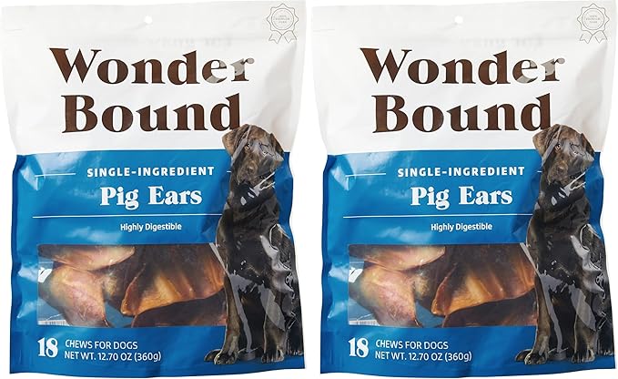 Amazon Brand - Wonder Bound Whole Pig Ears, Single Ingredient, Highly Digestible, Dog Treats for Puppy and Large/Medium Dogs, Pork, 12.7 Ounce, 18 Count (Pack of 2)