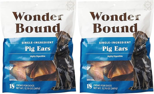 Amazon Brand - Wonder Bound Whole Pig Ears, Single Ingredient, Highly Digestible, Dog Treats for Puppy and Large/Medium Dogs, Pork, 12.7 Ounce, 18 Count (Pack of 2)
