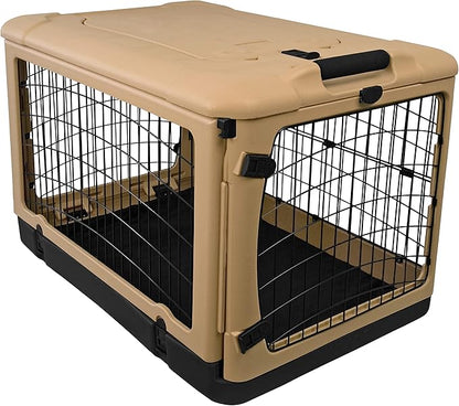 Pet Gear “The Other Door” 4 Door Steel Crate for Dogs/Cats with Garage-Style Door, Includes Plush Bed + Travel Bag, No Tools Required, New Tan, 42 Inch