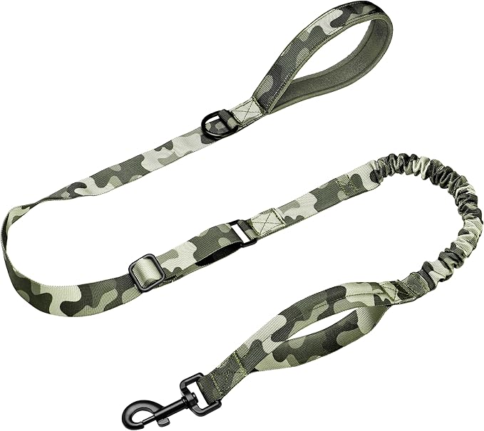 Forestpaw Tactical Dog Leash for Large Dogs,Heavy Duty Bungee Dog Leash with Shock Absorption,2 Padded Handles for Training Running Walking,Adjustable 4-5FT,Camo Green