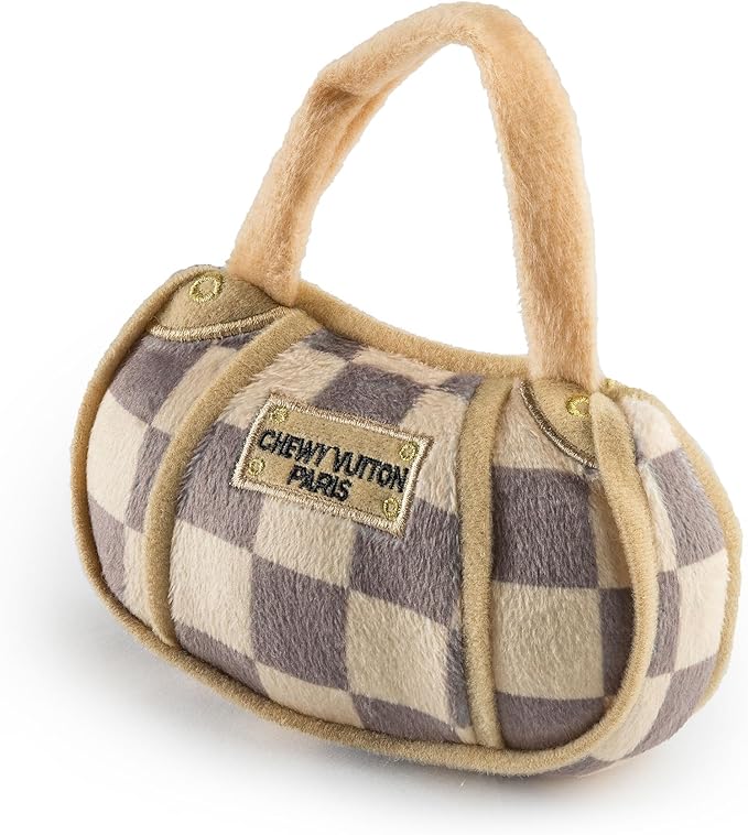 Haute Diggity Dog Chewy Vuiton Handbag Plush Squeaky Dog Toy, Soft Durable Designer-Inspired Stuffed Puppy Chew Toys for Small & Medium Dogs, Machine-Washable (Tan Checker) Small