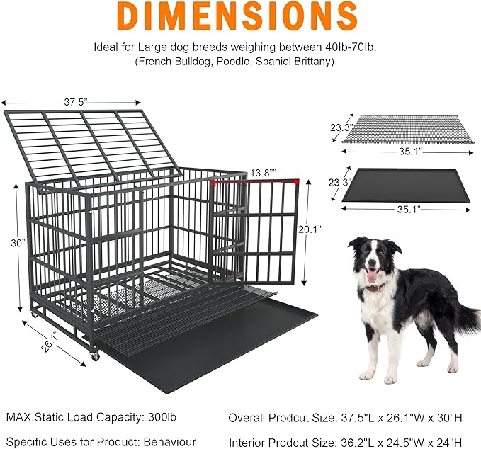 BOLDBONE 38 inch Heavy Duty Indestructible and Escape-Proof Dog Crate Cage Kennel for Large Dogs, High Anxiety Dog Crate with Removable Wire Trays and Wheels, Extra Large XL XXL, Black