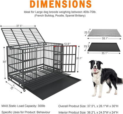 BOLDBONE 38 inch Heavy Duty Indestructible and Escape-Proof Dog Crate Cage Kennel for Large Dogs, High Anxiety Dog Crate with Removable Wire Trays and Wheels, Extra Large XL XXL, Black