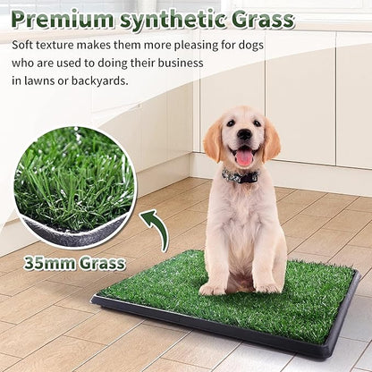Dog Grass Pad with Tray, 25" x 20" Indoor Artificial Grass Pee Pad for Puppy Potty Training, Portable Dog Toilet Pet Loo, 3-Layer System
