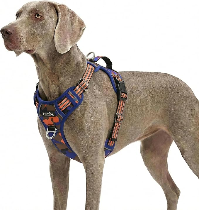 Funfox Dog Harness No Pull, Adjustable Pet Vest Harness, Super Soft Material with Vertical Handle Easy Control, Reflective Night Walking, 2 Leash Clips for XLarge Dogs, Camo Orange, XL