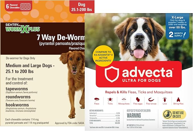 WORM X PLUS 7 Way DeWormer for Large Dogs Over 25 lbs (6 Count) + ADVECTA Flea and Tick Prevention for XL Dogs Over 55 lbs (2 Count) Bundle