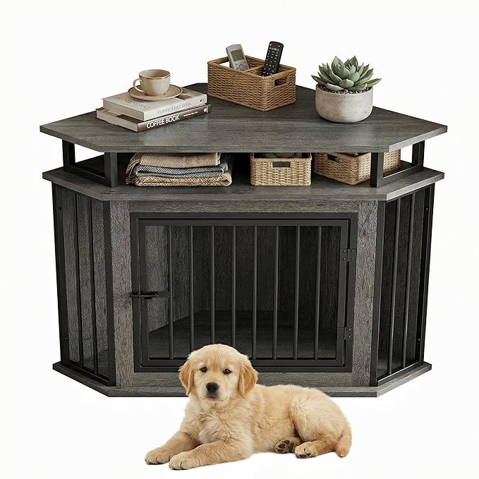 IRONCK 44" Corner Dog Crate with 2-Tier Shelves, Wooden Dog Kennel Furniture for TV Stand, Dog Kennel Indoor Furniture for Small and Medium Dogs, Rustic Brown (23.6" L x 43.3" W x 32.3" H)
