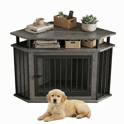 IRONCK 44" Corner Dog Crate with 2-Tier Shelves, Wooden Dog Kennel Furniture for TV Stand, Dog Kennel Indoor Furniture for Small and Medium Dogs, Rustic Brown (23.6" L x 43.3" W x 32.3" H)