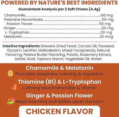 Calming Chews for Dogs - 30 Anxiety Relief Treats for Fireworks, Thunder, and Storms - Natural Dog Calming Treats for Large and Small Breeds with Thiamine, L-Tryptophan, Ginger, and Melatonin
