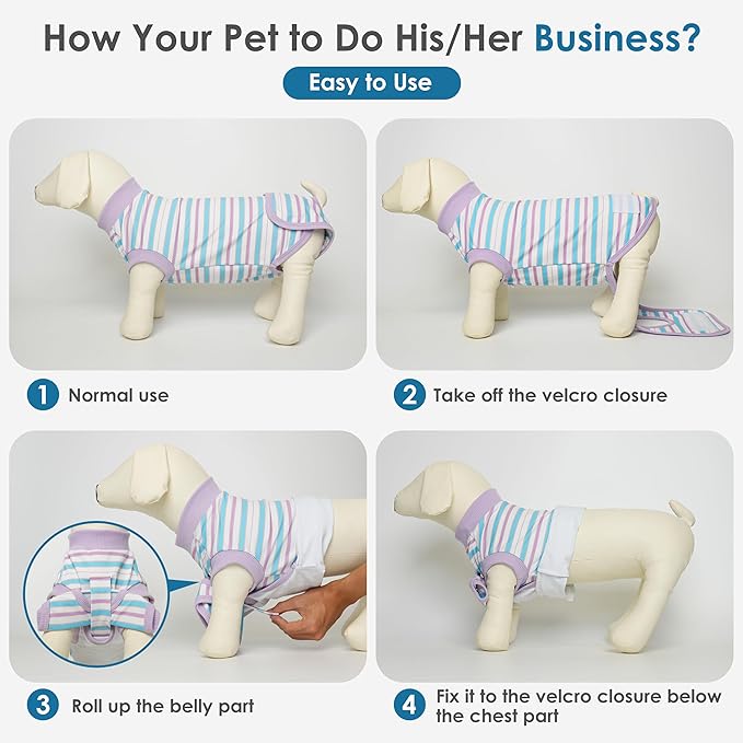 cyeollo Recovery Suit for Dogs Surgery Suit Female Spay Soft Pet Onesie Bodysuit Male Dog Neuter, Small Dogs Surgical Recovery Shirt, Striped, L