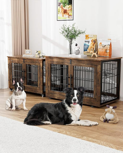 Dog Crate Furniture with Cushion, Large Wooden Dog Kennel Indoor with Double Doors, Dog Cage with Wheels, Dog House Side End Table for Large Medium Dogs up to 70 lb, 38.5” L, Rustic Brown
