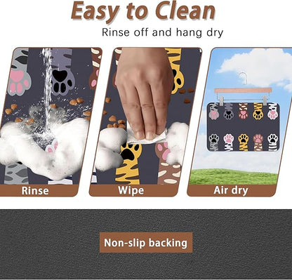 Cute Cat Paw Print Dog Food Mat for Floors,Absorbent Pet Food and Water Bowl Mats,Non-Slip Pet Feeding Mat,Pet Supplies 16" x 24"