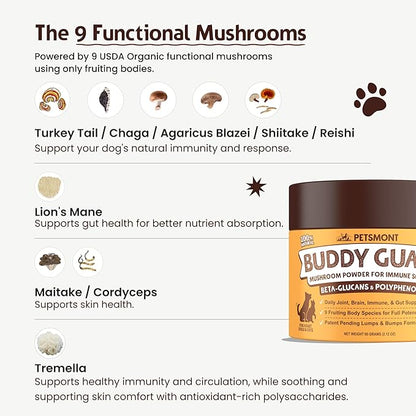 Petsmont Buddy Guard for Lumps and Bumps, Lipoma for Dogs & Cats, Patent Pending Organic 9 Mushroom Powder Blend Natural Dog Probiotic & Immune Support Chaga, Reishi, Lion's Mane, Turkey Tail Mushroom