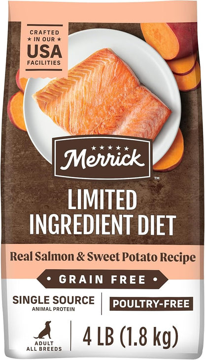 Merrick Limited Ingredient Diet Grain Free Dry Dog Food, Premium And Healthy Kibble, Salmon And Sweet Potato - 4.0 lb. Bag
