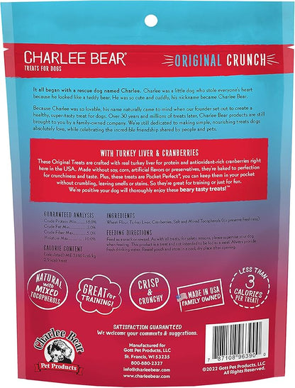 Charlee Bear Original Crunch Dog Treats, Turkey Liver and Cranberries, 16 Ounce Resealable Bag, Low Calorie Training Treats for Dogs, Limited Ingredient, Healthy, Crunchy Dog Snacks, Made in USA