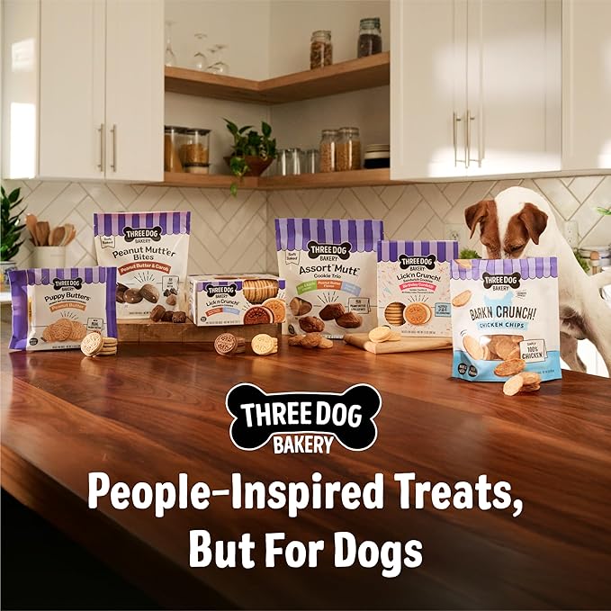 Three Dog Bakery Lick’n Crunch! Fan Favorites Dog Treats Variety Pack, Crunchy Sandwich Dog Cookies with Birthday Cake, Peanut Butter Carob & Vanilla Cream Fillings, 13 oz
