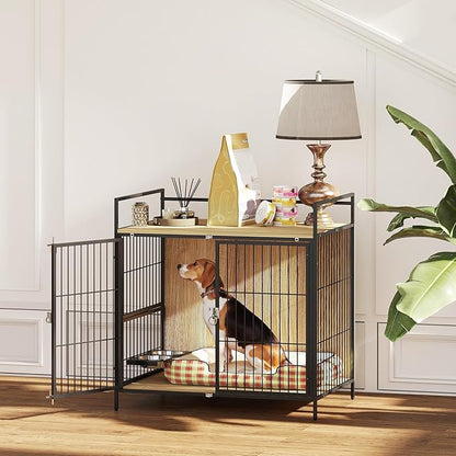 PawHut Dog Crate Furniture with Rotating Bowls, 30 Inch Pet Kennel Furniture End Side Table with 2 Doors, Top Storage Shelf, for Indoor Medium Dogs, Oak