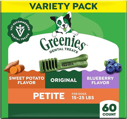 Greenies Veterinarian-Recommended Adult Natural Dental Dog Treats Petite Size, Variety Pack Flavor, (3) 12 oz. Packs, 60 Count