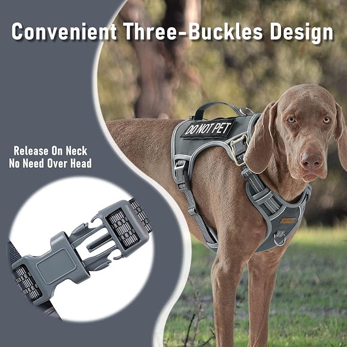 AUNZO Gray Tactical Dog Harness for Large Dog Breeds, No Pull Adjustable Pet Harness with Handle, Reflective K9 Military Service Dog Vest for Walking Hiking Training, Gray, XL