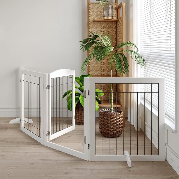 Vantas Folding Pet Gate 96" Wide, 30" Tall No-Assembly Wooden Dog Gate with Door Walk Through, Freestanding Wire Pet Puppy Safety Fence, with 2PCS Support - White