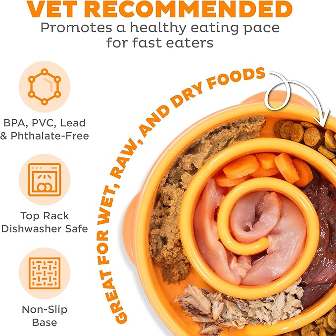 Outward Hound Fun Feeder Slo Bowl – Medium 2‑Cup Capacity, Slow Feeding, Small to Medium Dogs & Cats, Non-Slip, Orange, Swirl Pattern
