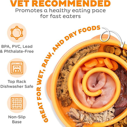 Outward Hound Fun Feeder Slo Bowl – Medium 2‑Cup Capacity, Slow Feeding, Small to Medium Dogs & Cats, Non-Slip, Orange, Swirl Pattern