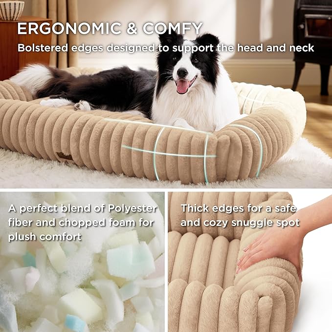 Bedsure ComfyFleece™ Washable Dog Bed for Medium Dogs - Cute Furry Puppy Beds, Rectangle Orthopedic Corduroy Fleece Pet Beds with Removable Zipper Cover, 43x30x8inches, Sandy Beige