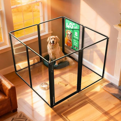 FXW AuraSpace Pro Acrylic Indoor Dog Playpen, Heavy-Duty with Metal Frame, 40" Height 8 Panels for Medium and Large Dogs, Black│Patented