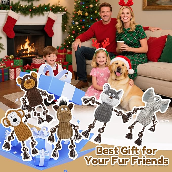 5 pack Large dog Squeaky Toys,Tough Stuffed Plush dog chew Toys Assortment ,Durable plush Animal dog Toys with Tug of War Rope to Keep Them Busy, Puppy Toys Value Bundle for Small Medium Large Dogs