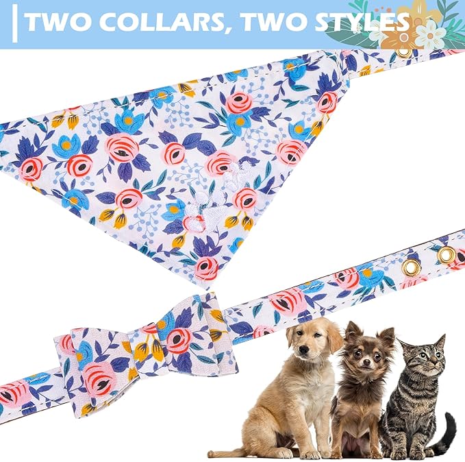 EXPAWLORER Small Collar and Leash Set - Embroidery Pawprints with Bow Tie and Bandana Collar with Bell, Soft Tangle Free Leash for Dogs Cats Outdoor Walking, Holiday Ideal Gift Blue Flowers S