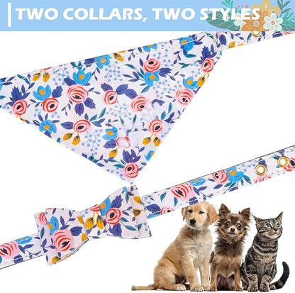 EXPAWLORER Small Collar and Leash Set - Embroidery Pawprints with Bow Tie and Bandana Collar with Bell, Soft Tangle Free Leash for Dogs Cats Outdoor Walking, Holiday Ideal Gift Blue Flowers S