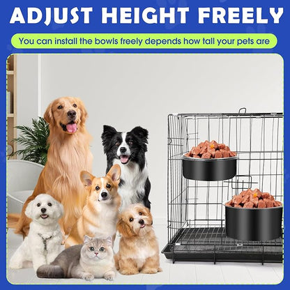 Attachable Dog Bowls for Crates, ShineMe 40oz & 60oz Dog Kennel Food and Water Bowl, 7.1 x 3.7” & 6.3 x 2.6” Dogs Crate Bowls Hanging No Spill for Large or Medium Dogs, Set of 2 Black