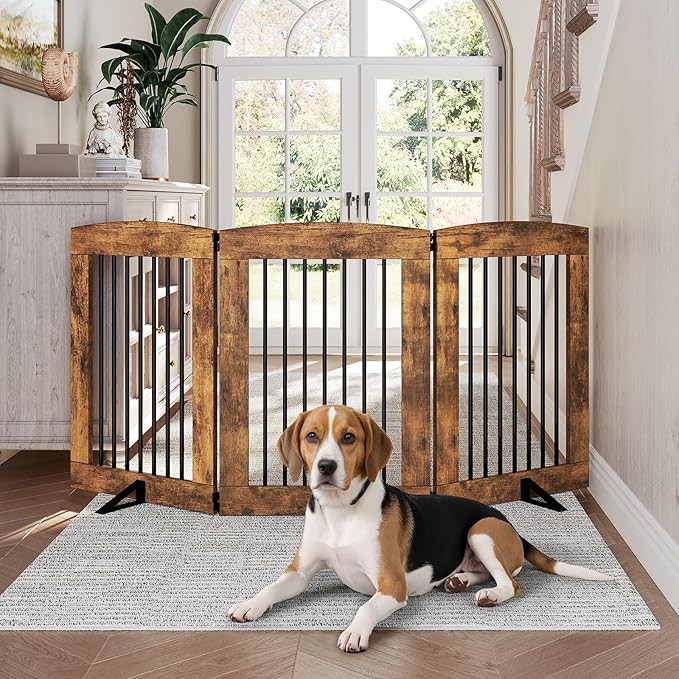 HOOBRO Indoor Dog Gate with Support Feet, Freestanding Pet Gate for Doorway, Stairs, 31.5 Inch 3 Panels, Folding Dog Fence, 360° Hinge for Easy Access, Sturdy Iron Pipe, Rustic Brown BF06PP03