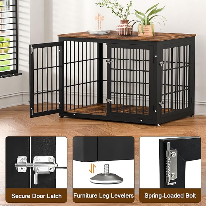 rehomerance 42 Inch Heavy Duty Dog Crate Furniture for Large and Medium Dogs, Decorative Pet House End Table, Wooden Cage Kennel Furniture Indoor, Rustic Brown