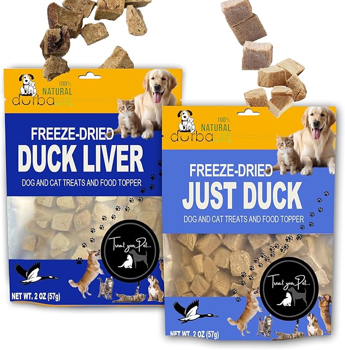 Freeze Dried Double Pack Dog & Cat Treats Food Topper Easy Chew & Digest (2 Packs) (2.0 oz Each, Just Duck & Duck Liver Cubes)